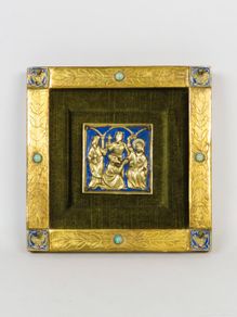 Antigüedades: Adoración de los Reyes Magos placa enmarcada de bronce y esmalte Modest Morató siglo XX